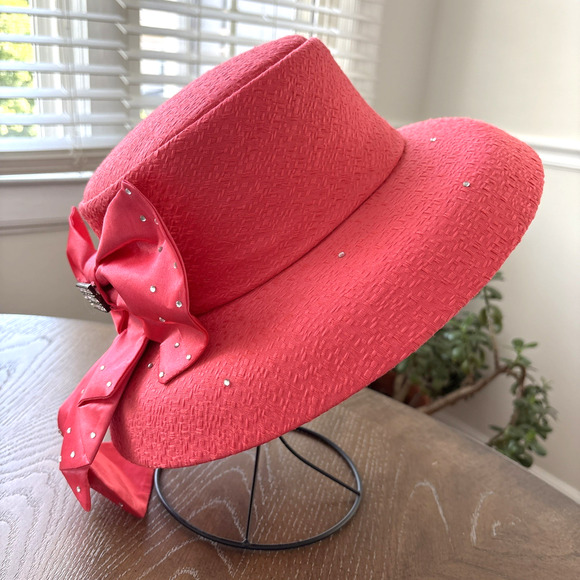 G.M.I. Elegant Coral Formal Hat Rhinestone Embellished Bow Cloche Church Hat main image 5